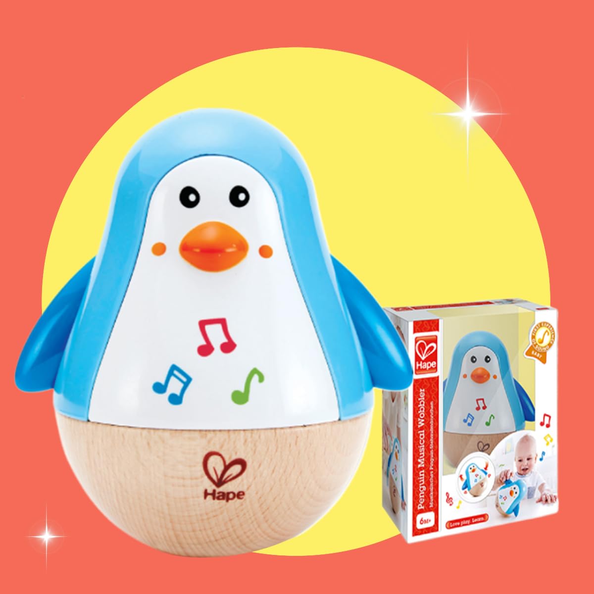 Hape Penguin Musical Wobbler | Colorful Wobbling Melody Penguin, Roly Poly Toy for Kids 6 Months+, Multicolor, 5 x 2 (E0331)