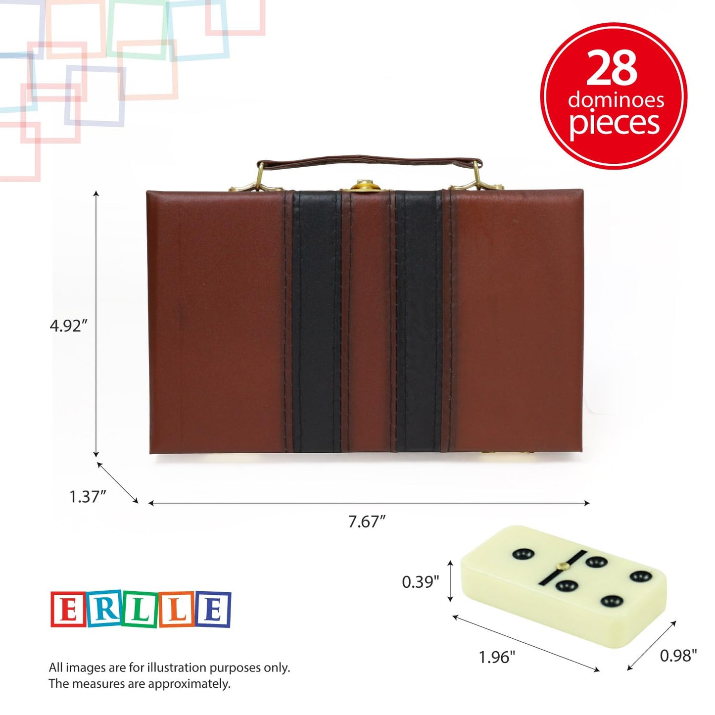 ERLLE Premium Double 6 Dominoes Set - Classic Tiles, Leather Case, Travel-Friendly, Multicolor, Model D6D-LeatherPro
