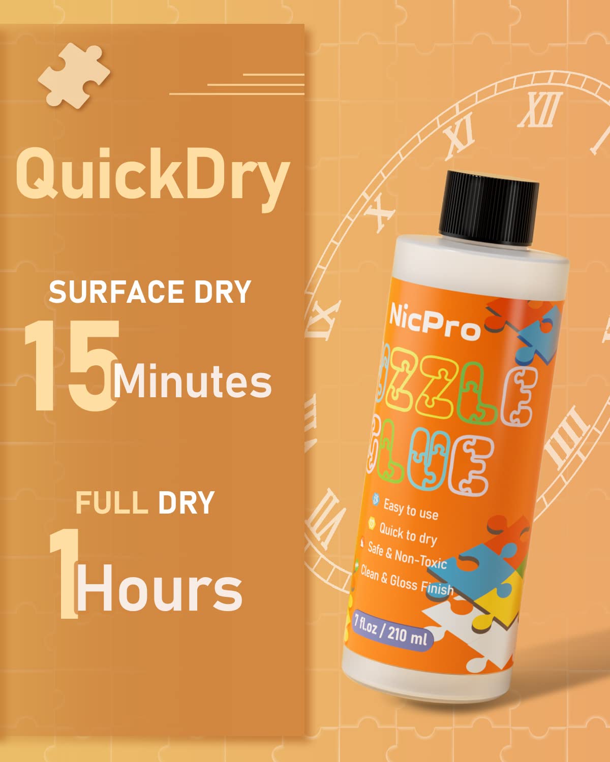 Nicpro Large Jigsaw Puzzle Glue 7oz, High Gloss, Quick Drying, Non-Toxic, for 1000-5000 Pieces, Clear, Model MG701