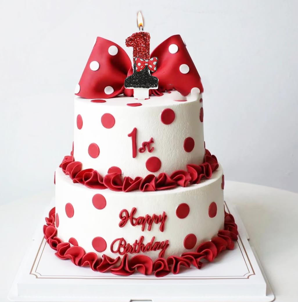 Variouslife Number 2 Birthday Candle - Red Black Sequin with Bow, Glitter Cake Decoration, Synthetic Wax, Ideal for 2nd Birthday Celebrations