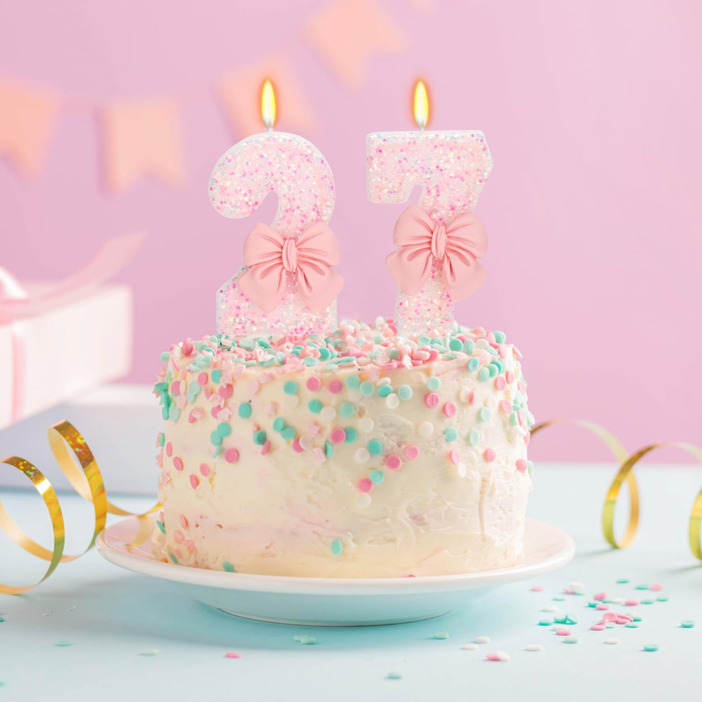 ElekFX 27th Birthday Candles for Cake, Pink Bow Number Cake Candles, 2.76 inch Number Happy Birthday Candle, Cake Topper Decorat