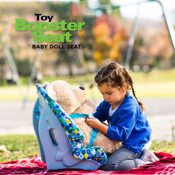 Joovy Toy Booster Seat & Doll Car Seat, Crash-Tested Safety, Machine-Washable, Fits 12"-22" Dolls, Blue Dot, Model 013