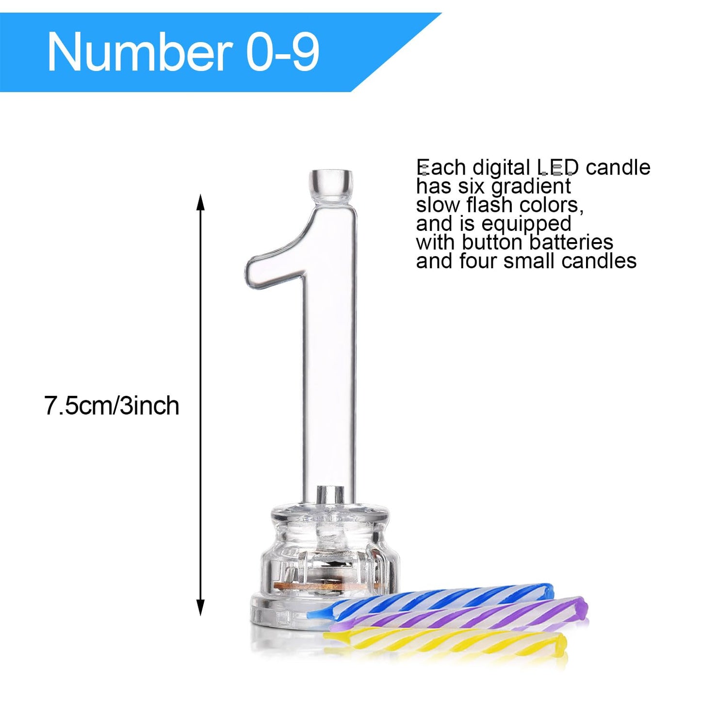 Boao 50 Pcs Birthday Number Candle Set Includes 10 Pcs Multicolor LED Flashing Number Candles with Transparent Shell and 40 Pcs