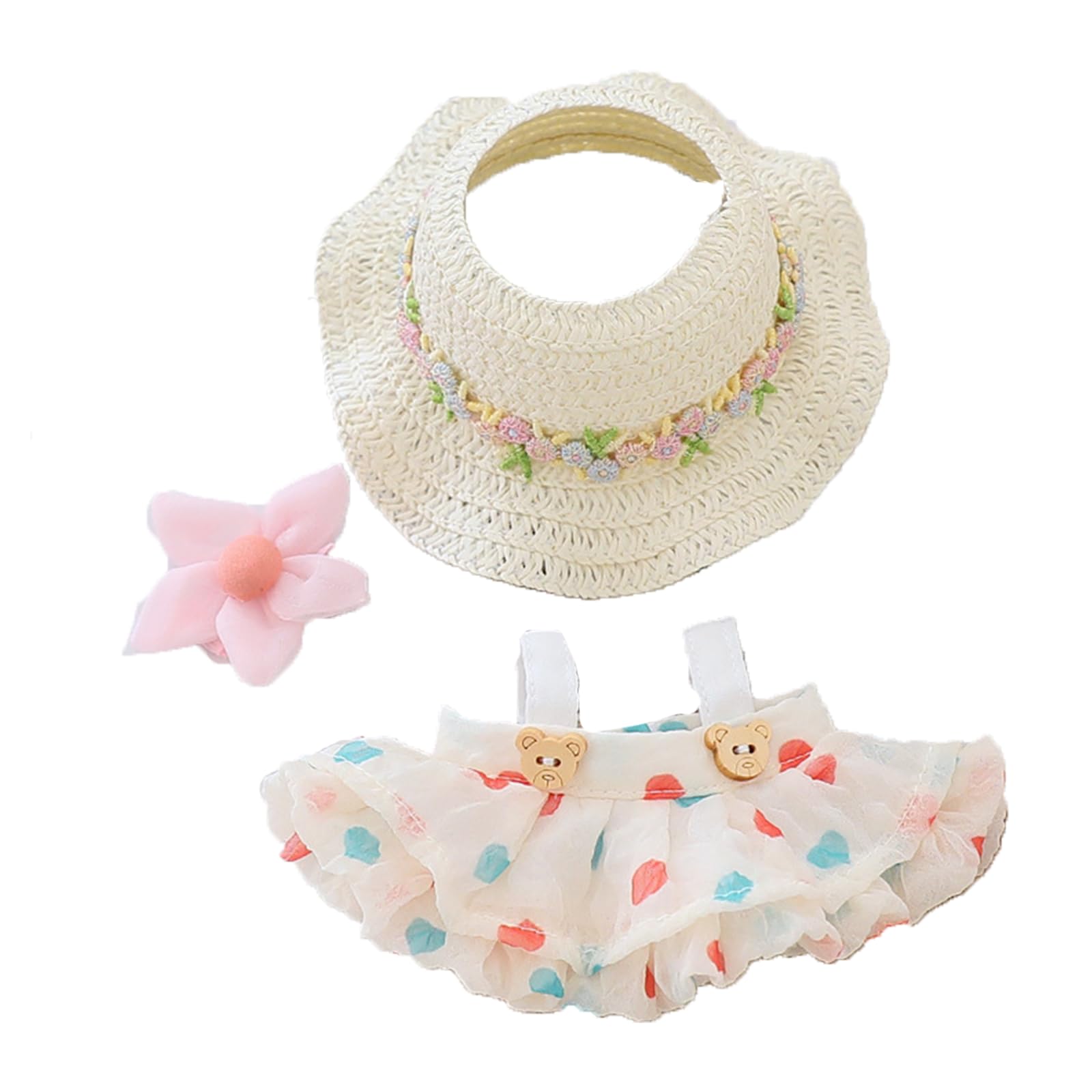 LYBHYQTII Doll Clothes for 17cm Dolls  enhanced Handmade Cute Doll Dress 3 Piece Set Including a Weaving Hat  Clothes and Flower Clip with High-End Dolls Accessories for Play & Display - White