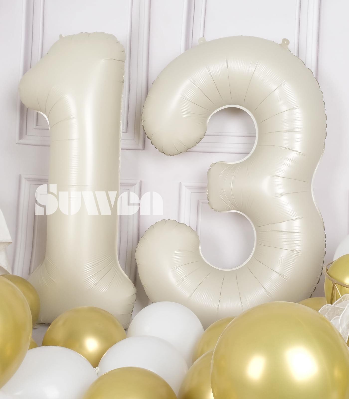 SUWEN 40 Inch Cream White Helium Number Balloons 0-9 Jumbo Mylar for 13th Birthday Party Decorations