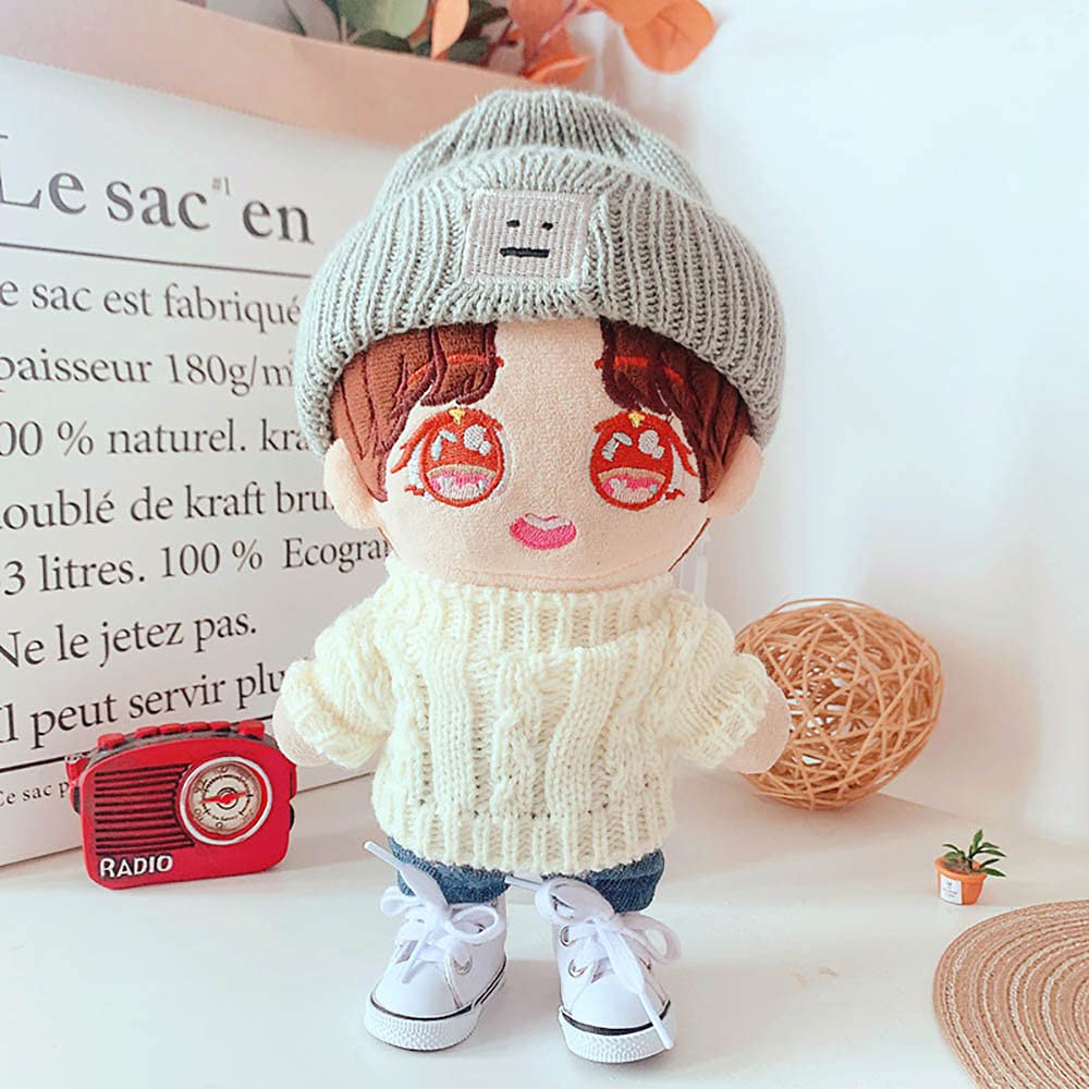 Niannyyhouse Doll Clothes Suit 7.8In/20Cm Plush Doll Clothes Hat + Sweater + Shorts 3-Piece Set Doll Dressup Square Face Hat Denim Shorts White Sweater (Black)