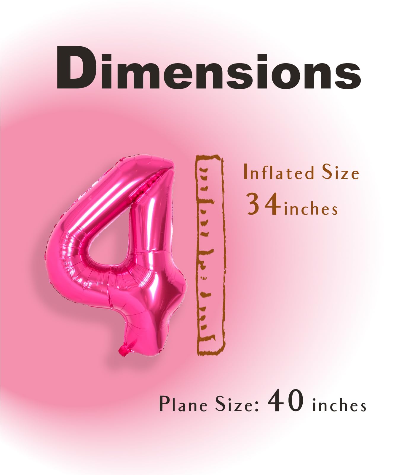 Suwen 40 Inch Hot Pink Large 4 Number Balloons Big Foil Helium Number Balloons 0-9 Jumbo Happy 4Th Mylar Birthday Party Decorati