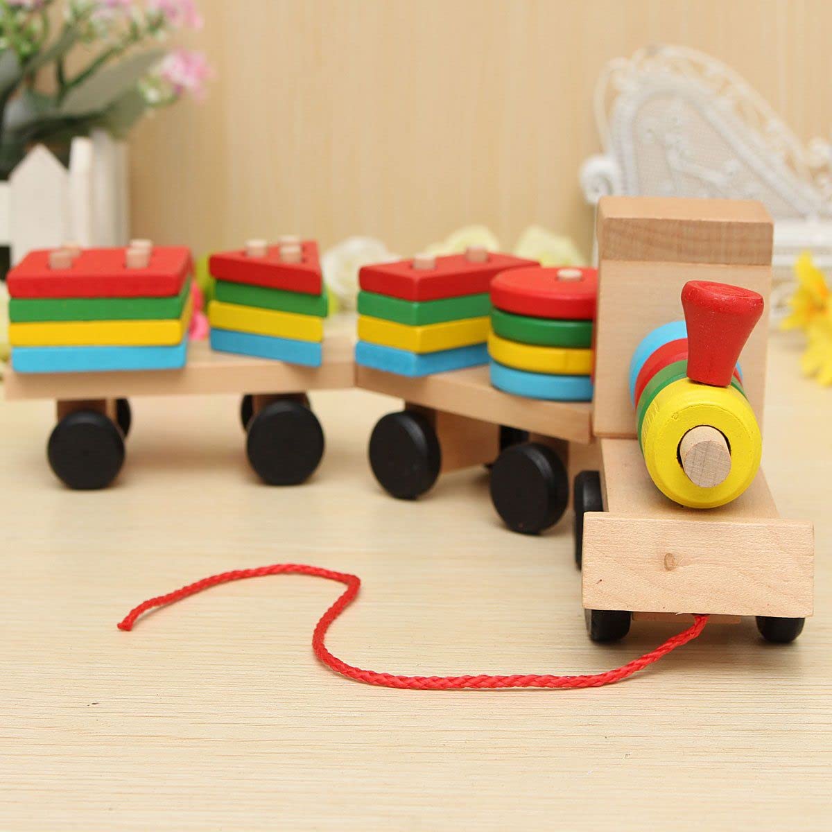 Afiraa ChildrenS Wooden Building Block Train Toy Shape Sorter And Stacking Game For Toddlers Montessori Benefit Intellectual Pr