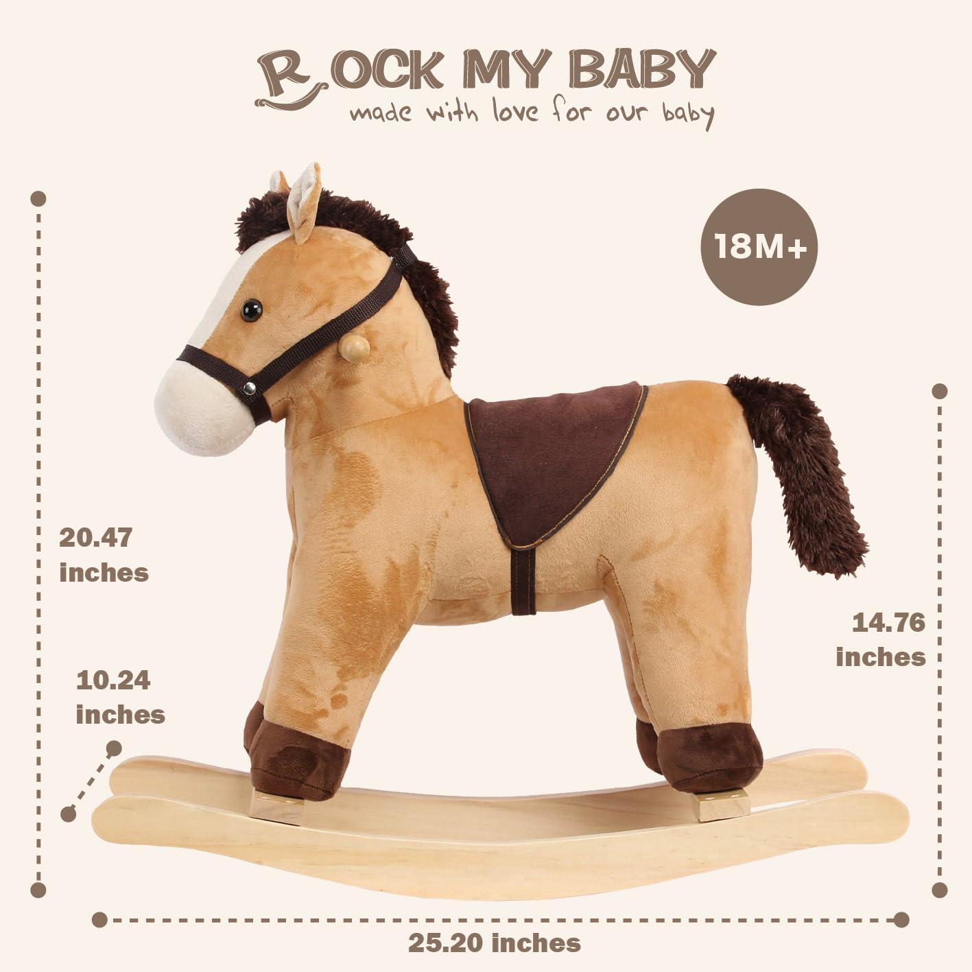 ROCK MY BABY Rocking Horse for Toddlers, Soft Fabric, Realistic Sounds, Large Light Brown Pony, CPC Certified