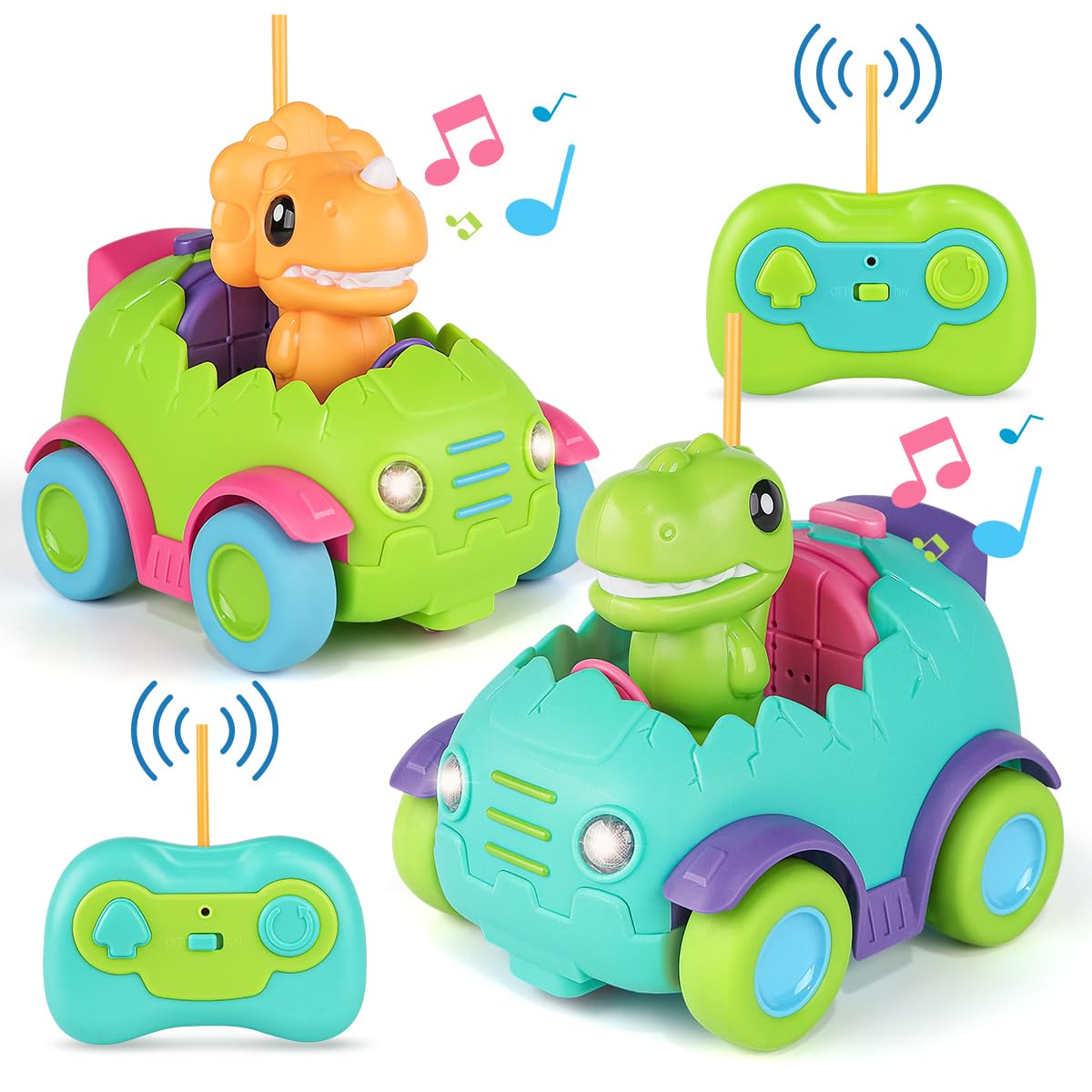Nueplay Remote Control Car for Toddler Age 2 3 4 5, Electric RC Car Toys with Light & Music, Toddler Dinosaur Toys, Dino Figures