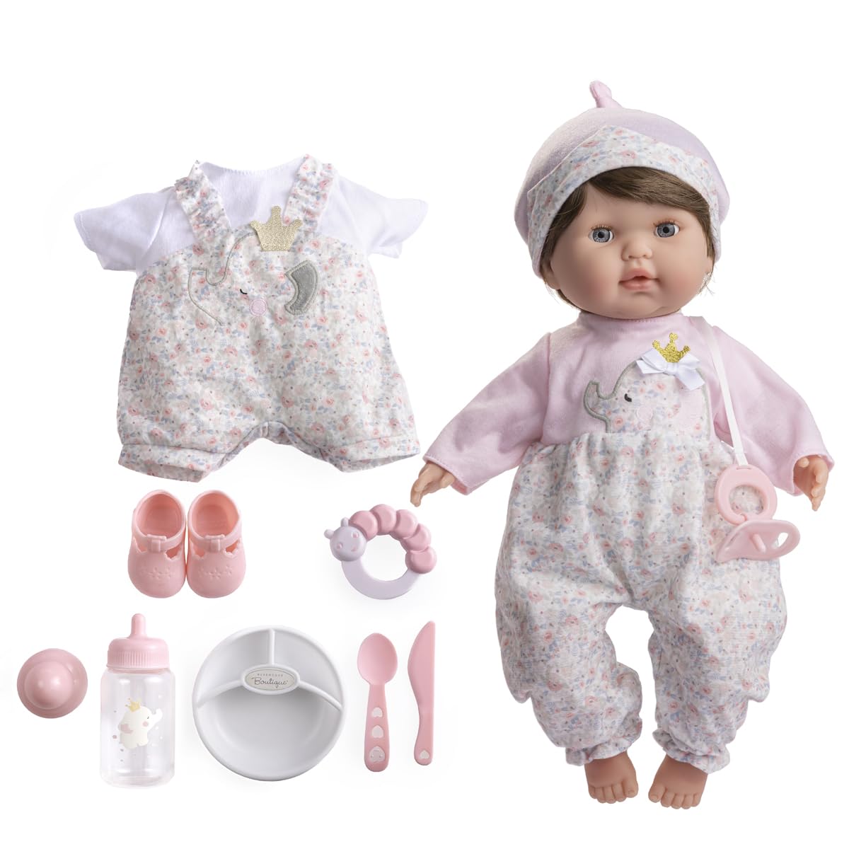 JC Toys Nonis Boutique15 Realistic Soft Body Baby Doll with Brown Hair, Brown Eyes, Open/Close Eyes | 10 Piece Gift Set with Bot
