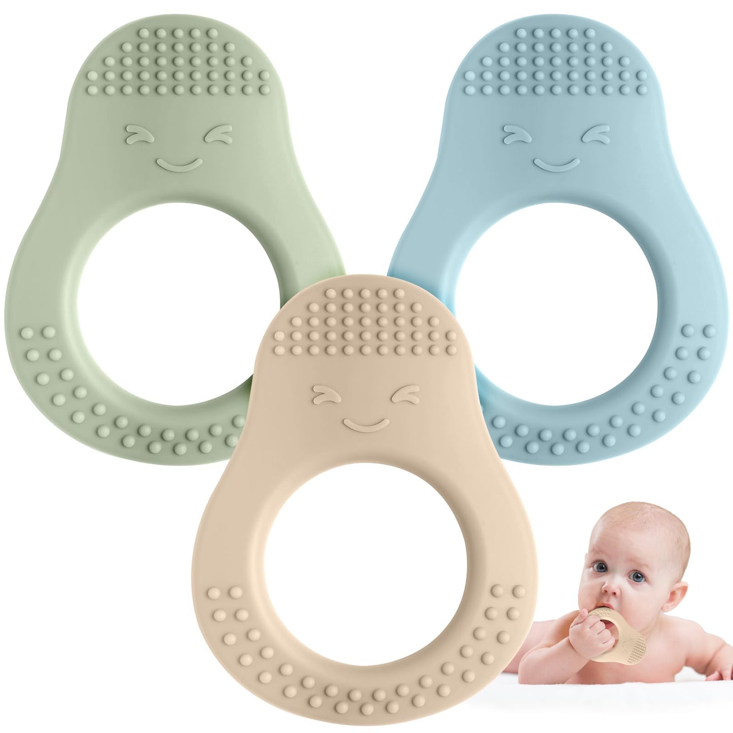 Eascrozn Baby Teething Toys, 3 Pack Teethers For Babies 3-6 6-12 Months, Baby Teething Relief Sore Gums, Food Grade Silicone Avo