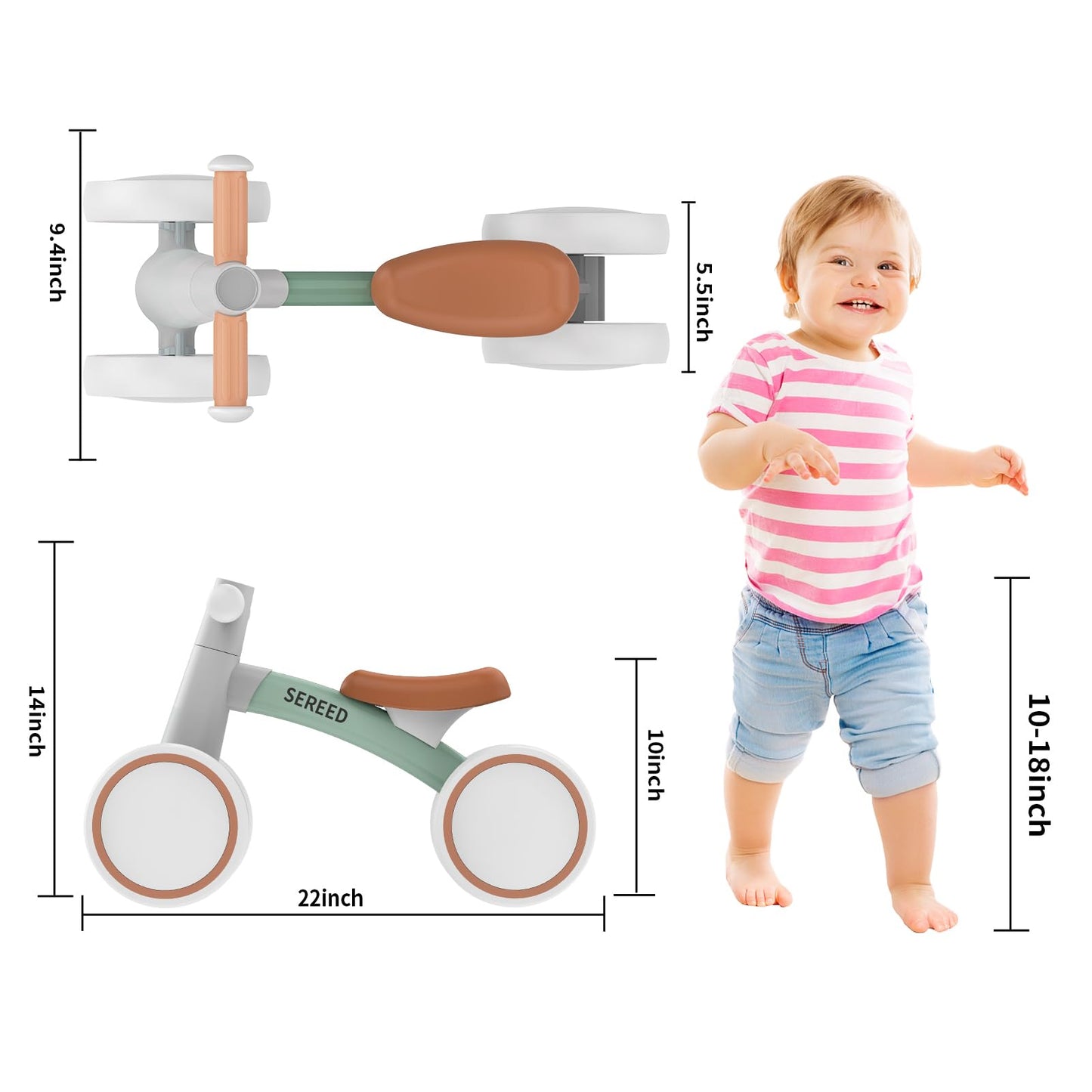Sereed Baby Balance Bike For 1-2 Year Olds - 4 Wheels, First Bike For Toddlers, Birthday Gift (Green)