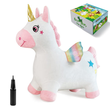 Hotmax Unicorn Bouncy Horse, Inflatable Plush Cloth Cover Bouncing Hopper For Toddlers, Ride-On Jumping Unicorn Toys For Baby Gi