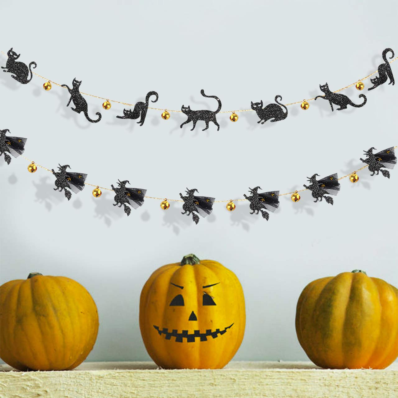 Pinkblume Halloween Party Decorations Kit Jingle Bell Black Cat Banner And 3D Flying Witches Garland For Happy Halloween Theme C