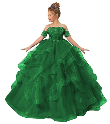 Zpvp Emerald Green Girls Pageant Dress Long Ruffles Princess Flower Girl Dress Beaded Appliques Tulle Wedding Party Costumes Us4