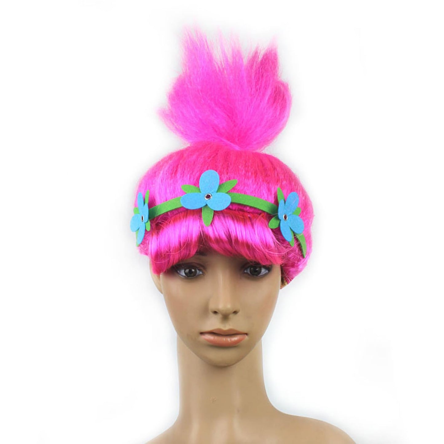 Moyeecoo Halloween Troll Wig,Trolls Costume Hair Wig, Cosplay Troll Wig With Blue Flower Crown, Synthetic Soft Fiber Wigs, Troll