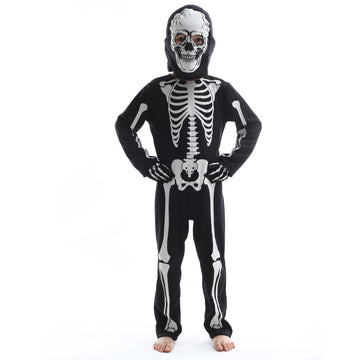 Leadtex Kids Gid Skeleton Halloween Costume, All In One Skeleton Printed Jumpsuit With Hood And Gloves(7-9Years