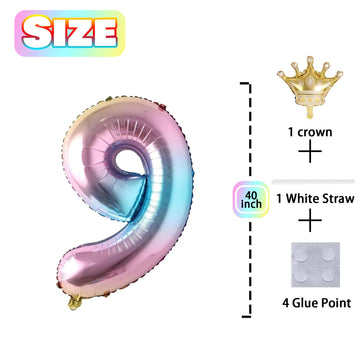 9 Number Balloon Rainbow 40 Inch Big Foil Crown Helium 9Th Balloons For 9 Year Old Boy Girl Birthday Party Decorations Wedding A