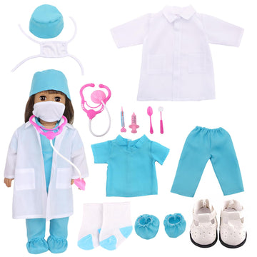 MSYO 18 Inch Doll Doctor Playset-Pretend Play Medical Kit with White Coat,Scrubs & Surgical Tools,Stem Roleplay Costume for Kids