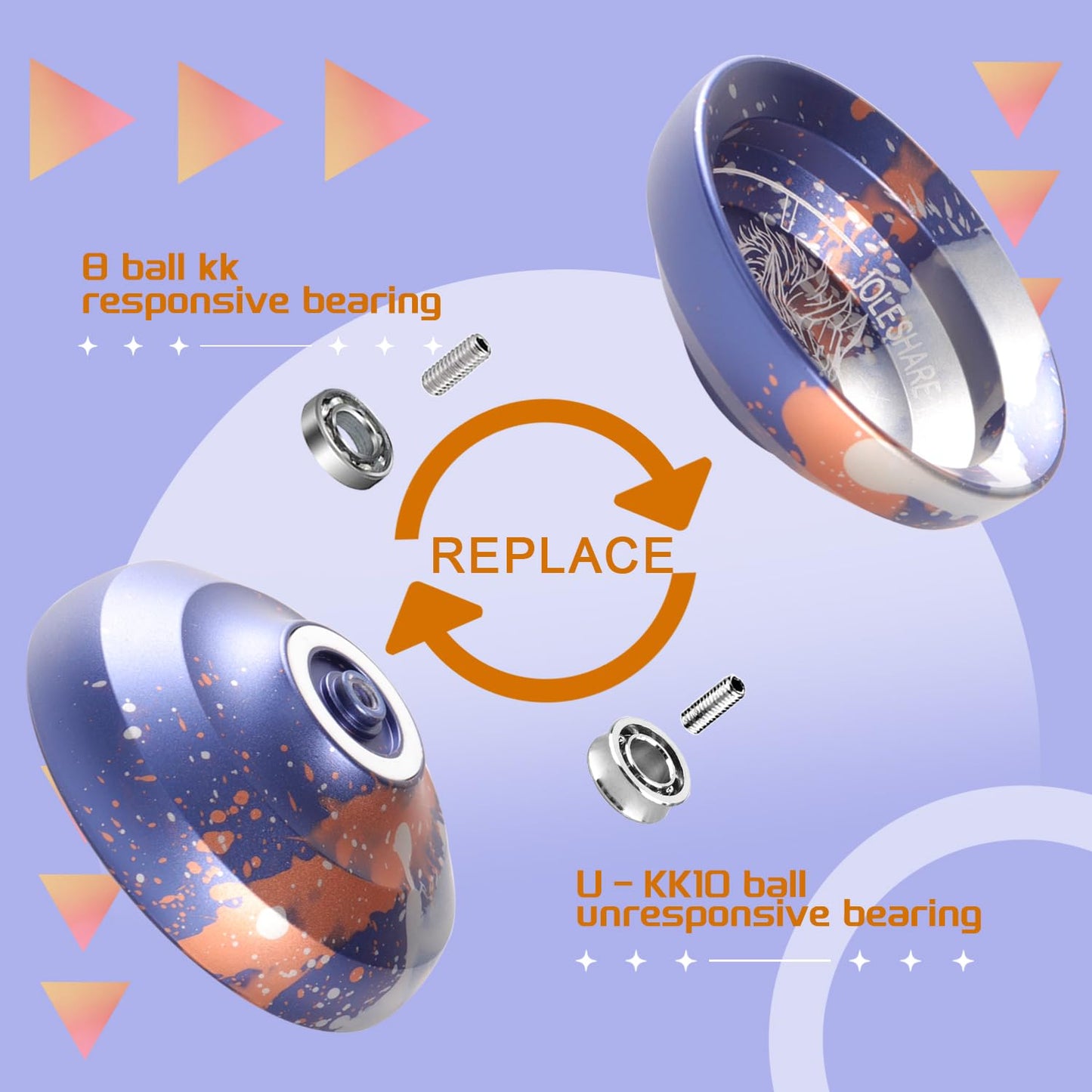 JOLESHARE Professional Unresponsive Yoyo for mature-themeds  Metal Responsive Yoyo Suitable for Beginners  Intermediate  and Advanced Players + 5 Yoyo Strings + Responsive Bearing + Glove (Orange Purple)