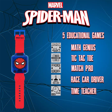 Accutime Marvel Spider-Man Educational Learning Digital Blue Watch For Boys, Toddlers, Kids With Red Strap - Includes Timer, Stopwatch, Alarm, Games! Perfect For Girls And Boys 3+!