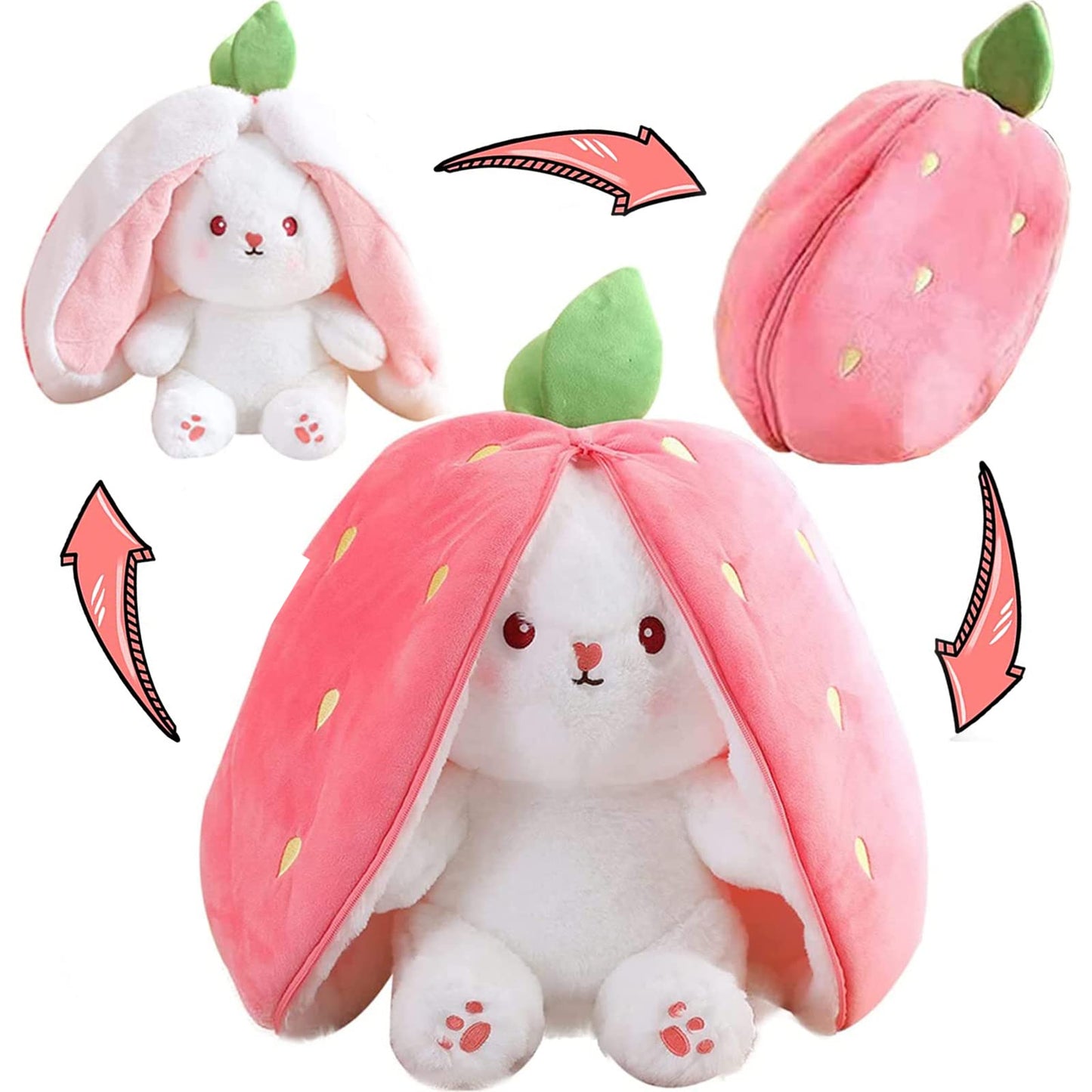 Miaodam 13.7Inch Large Easter Bunny Stuffed Animal, Kawaii Squishy Cute Easter Bunny Plush Turn Into Rabbit Fruit Doll Carrot Strawberry Pillow, Plushies Funny Bunny Toy For Baby Gifts For Girlfriend