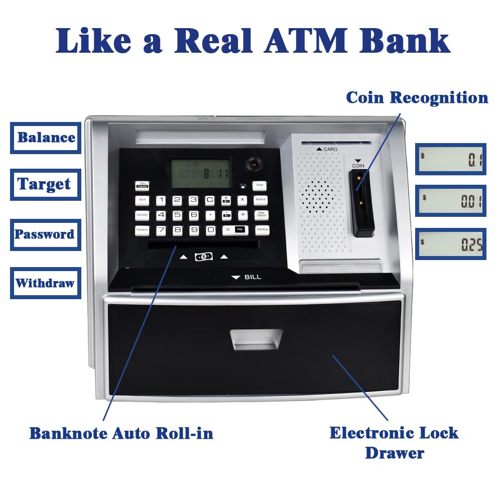 Atmbnk Electronic Piggy Bank For Girls And Boys - Count, Learn, And Achieve Financial Goals With This Cute And Secure Toy Bank For Kids Ages 6-12! (Black/Silver)