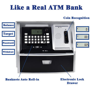 Atmbnk Electronic Piggy Bank For Girls And Boys - Count, Learn, And Achieve Financial Goals With This Cute And Secure Toy Bank For Kids Ages 6-12! (Black/Silver)