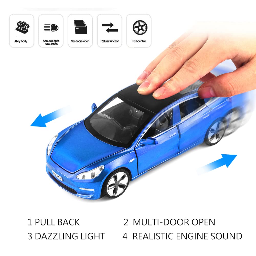 1/32 Model 3 Diecast Car Toy, Sound & Light Effects, Scale Alloy Model 3 Toy Car Pull Back Collectible Vehicles, Mini Model 3 Pl