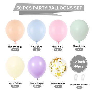 Pastel Balloons, 60 Pcs Pastel Latex Balloons, 12 Inch Macaron Pink Blue Purple Green Yellow Orange Color Balloon Gold Confetti