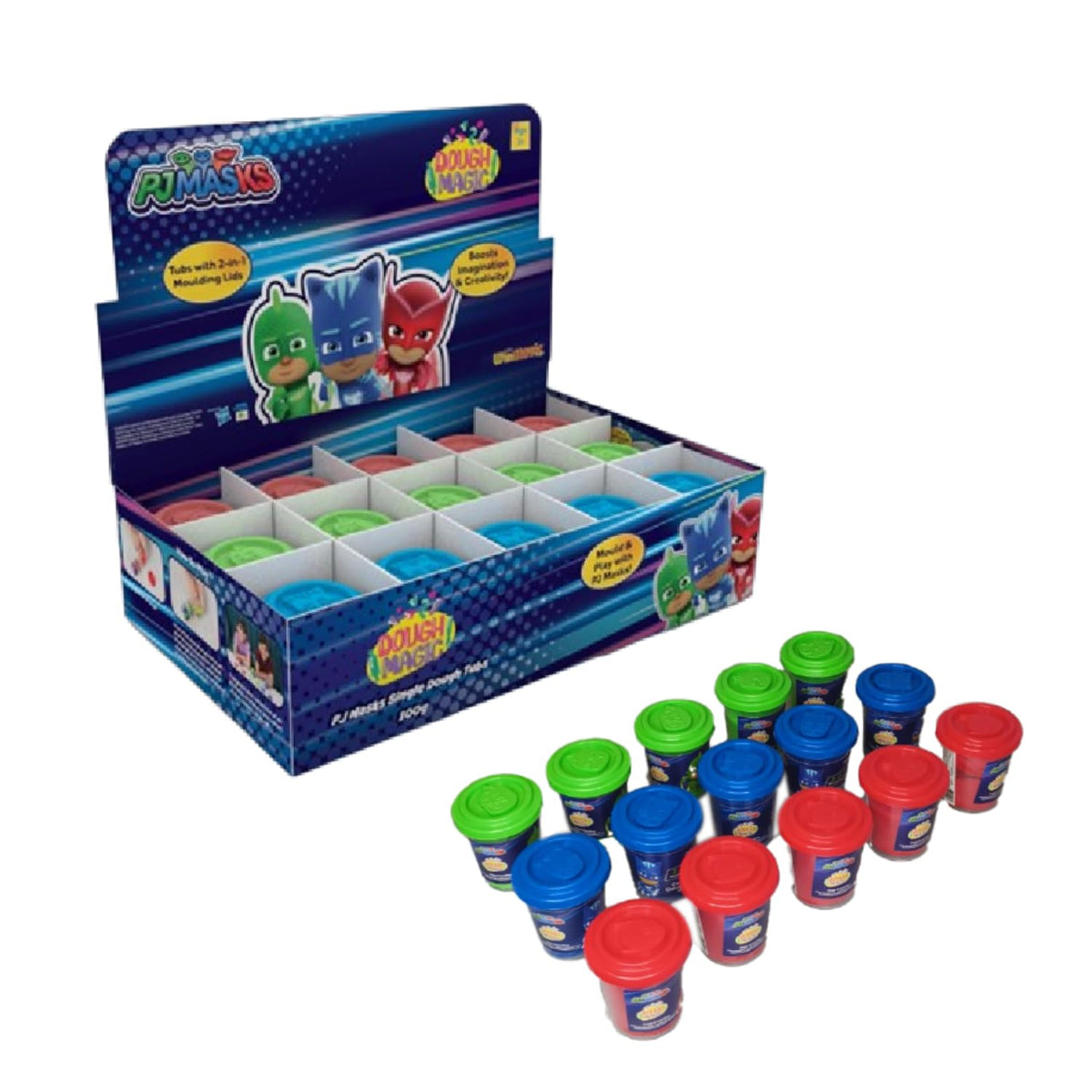 Dough Magic Pj Masks With 2 In 1 Moulding Lid Pack Of 15 Tubs 100Gm Each|Soft Water Based Dough|Fun With Dough|NonToxic|For Kid