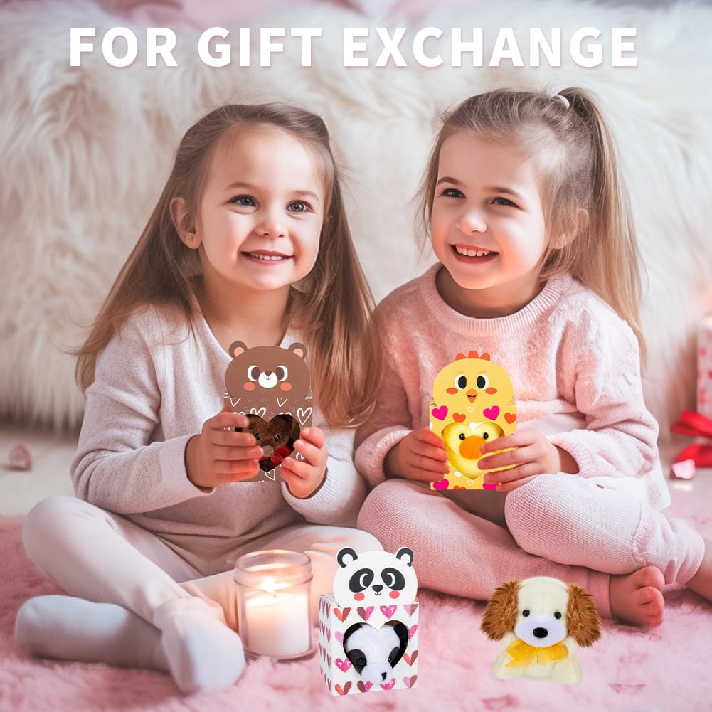 Sofier Valentines Day Gifts for Kids Classroom 24 Pack Valentines Card Boxes with Heart Window Mini Animal Toys Keychains Bulk f