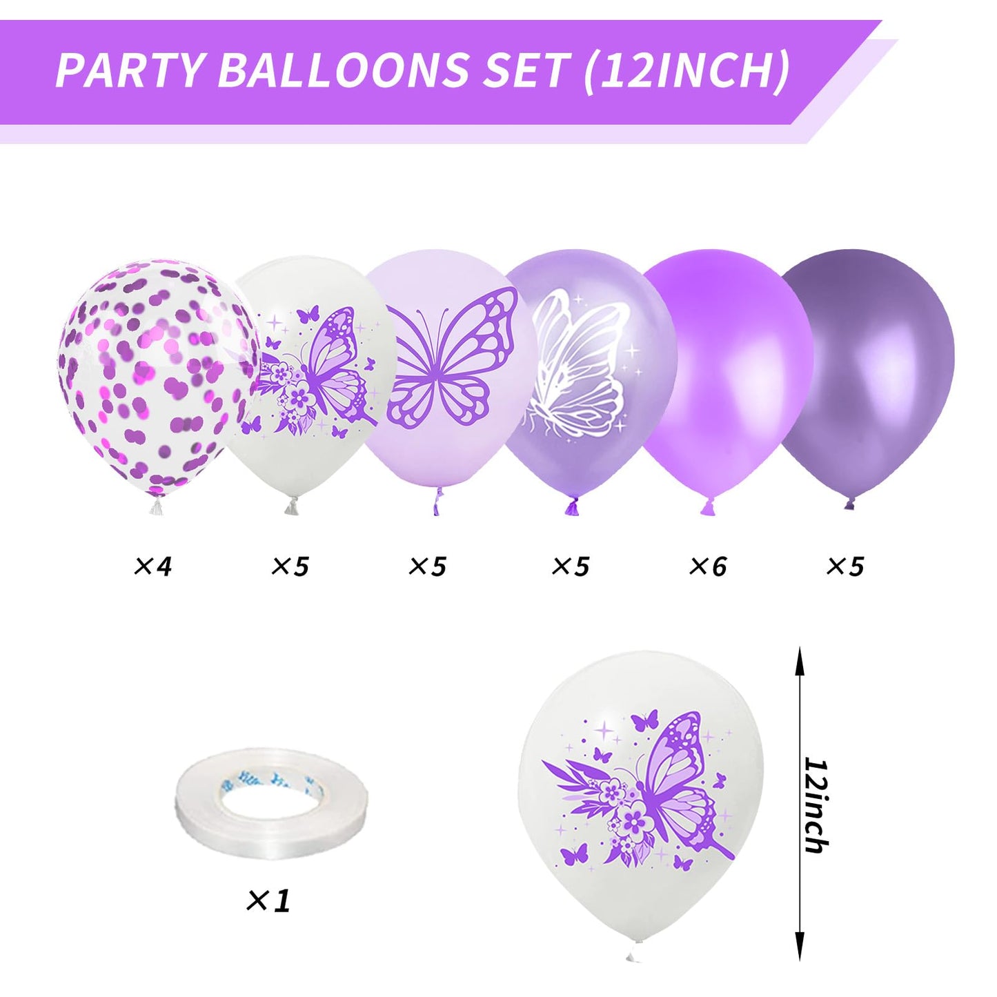 Butterfly Balloons, 12 Inches Butterfly Print Purple And White Latex Balloons Butterfly Patterns For Girls Women Weeding Baby Sh