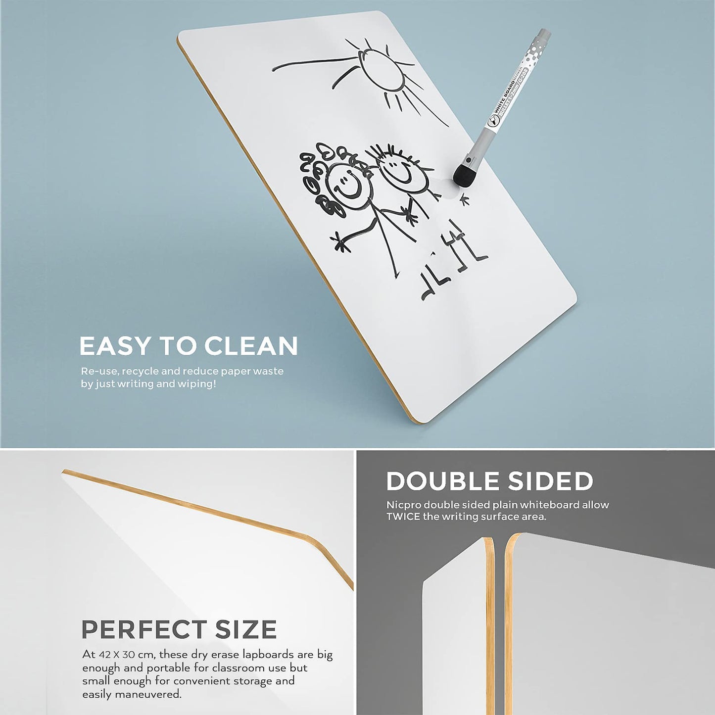 Nicpro Dry Erase Lap Board 12 x 16 inches 2 Pack Kid Double Sided Blank Small Lapboard with 8 Pens, 2 Eraser, Learning Mini Whit