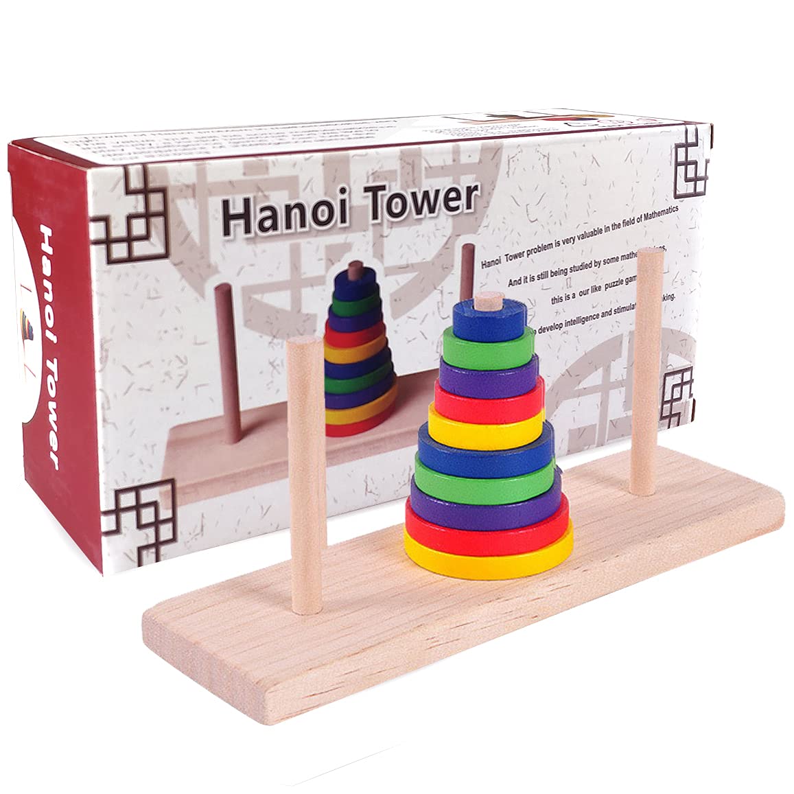 Kingou Wooden Colorful Ten-Storey Tower Of Hanoi Logic Puzzle Brain Teaser Intellectual Toy