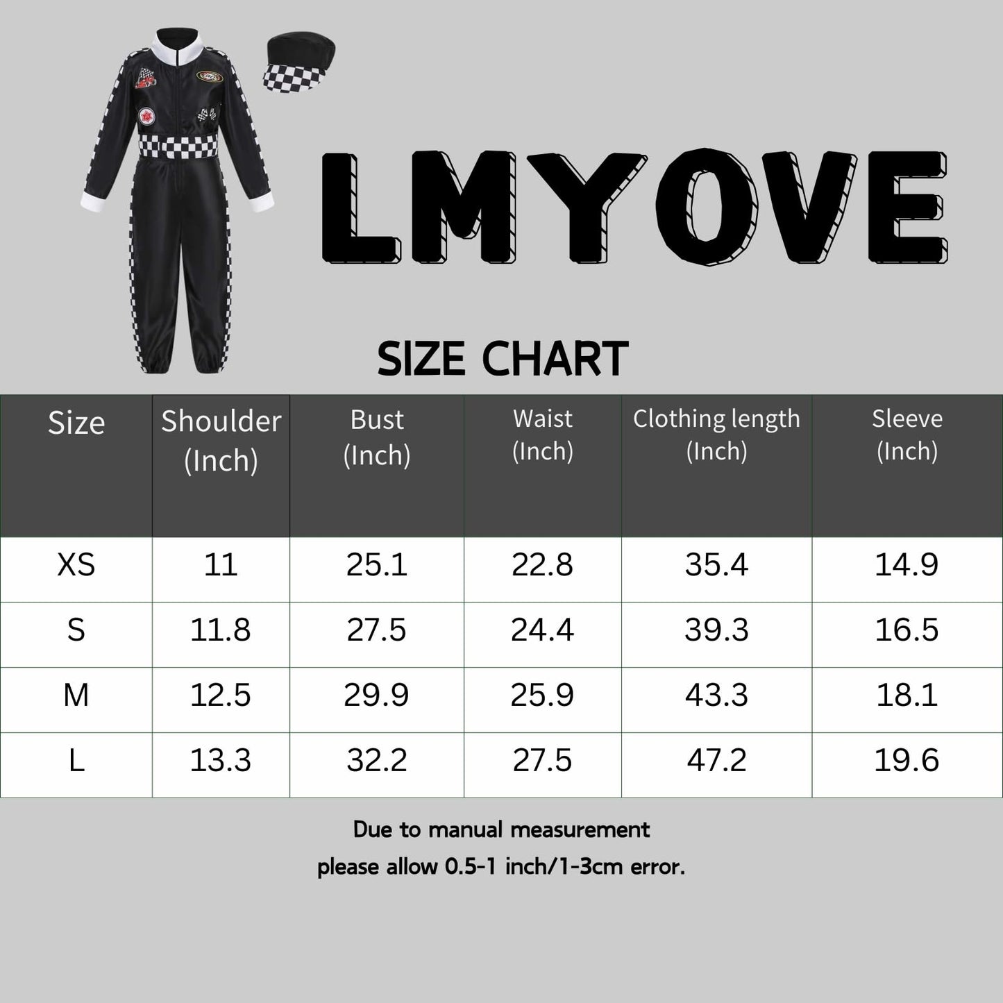 Lmyove Kids Race Car Driver Costume Boys Girls Racing Halloween Play Role Dress Up Racer Jumpsuit And Car Cap Toddler 3-9Y (Medium, Black)