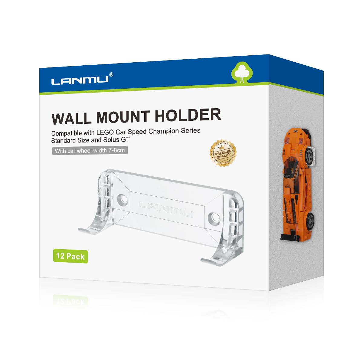 Lanmu 12 Pcs Collectible Car Wall Mount Compatible With Lego Speed Champion Series Car Standard Size And Solus Gt, Clear Wall Display Vertical For Wheels Wide 2.75'' - 3.15'' (7-8Cm)
