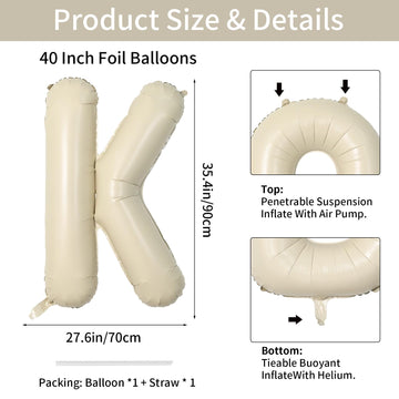 Biapian 40 Inch Letter K Balloons, Giant Cream K Foil Balloon, Big Single Alphabet A-Z Balloons, Beige Large Aluminum K Balloons