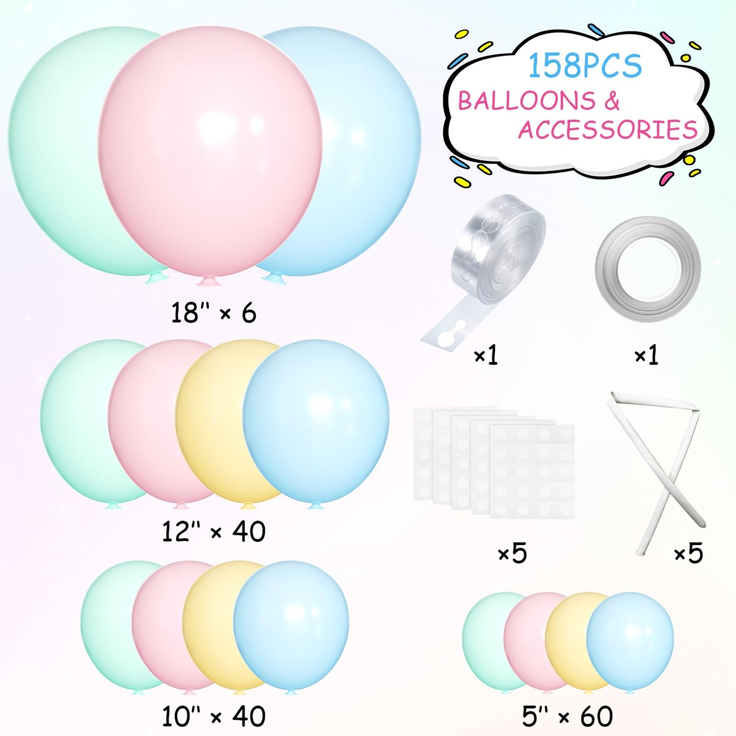 Mebay Pastel Balloon Garland Arch Kit, 146Pcs Macaron Pink Blue Green Yellow Latex Balloons Different Sizes 18 12 10 5 Inch For