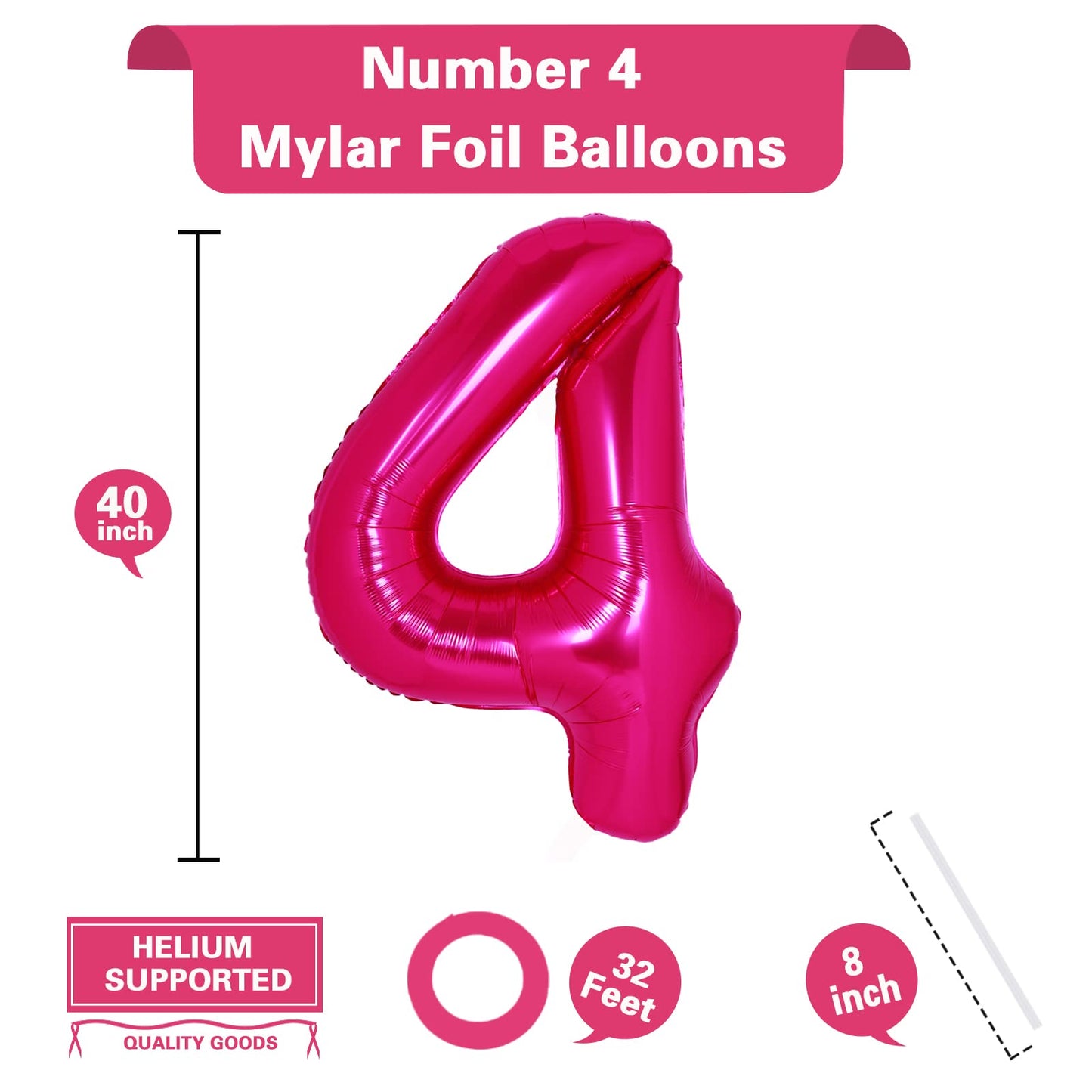 40 Inch Giant Hot Pink Number 4 Balloon, Helium Mylar Foil Number Balloons For Birthday Party, 4Th Birthday Decorations For Kids