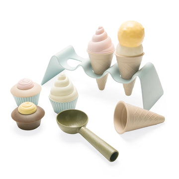 Dantoy Bio Kids’ Ice Cream & Cupcake Set (15 Pieces), Green Sugarcane Bioplastic Toy, Cones, Scoop, Cupcake Paper Cups, & Icing, Made In Denmark, Ages 2+
