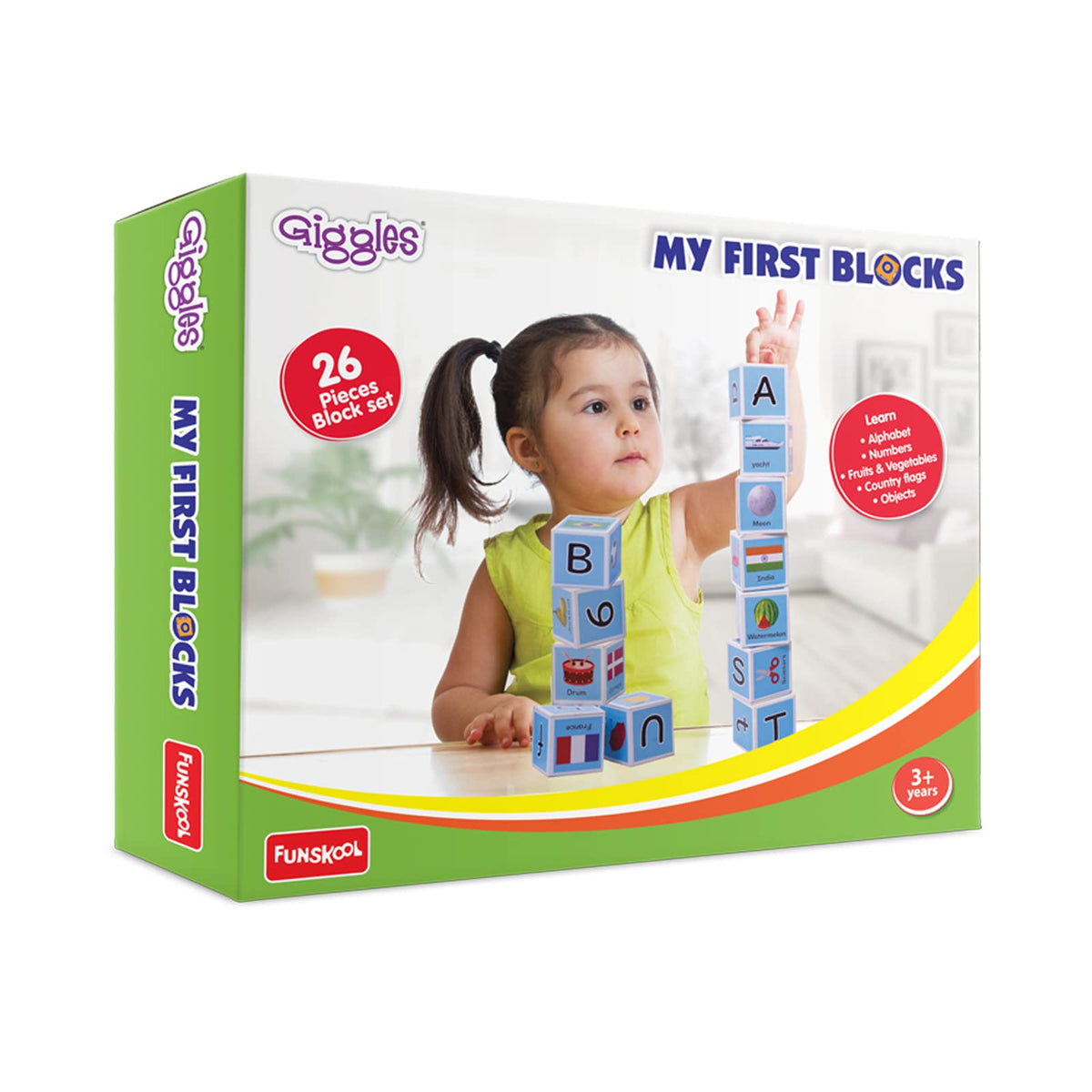 Funskool Giggles  My First Block,Learning Acitvity,Motor Skills, Learn Letters And Numbers, Fruits & Vegetables, Country Flags,