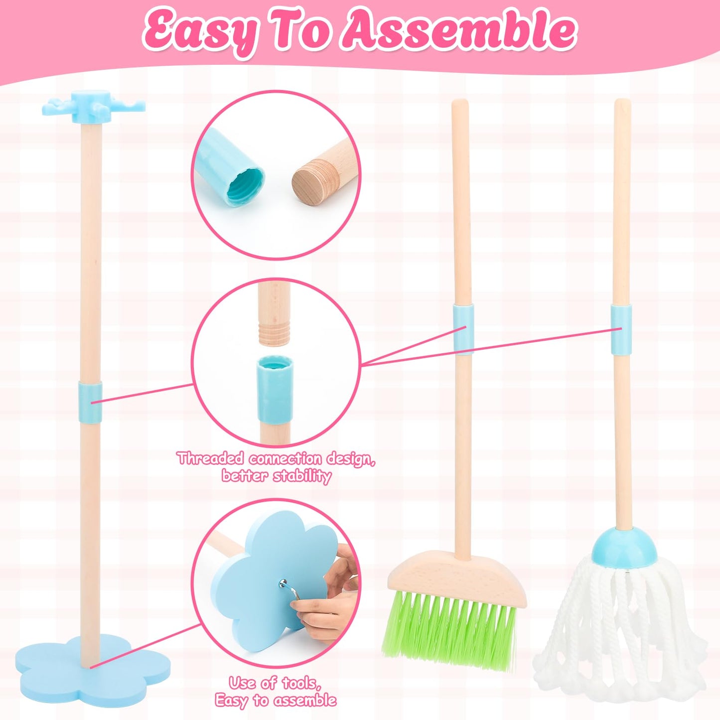 Kids Cleaning Set, Wooden Toddler Broom Set for Housekeeping, 7 Pieces Montessori Cleaning Toys with Kids Broom and Mop Set, Hou
