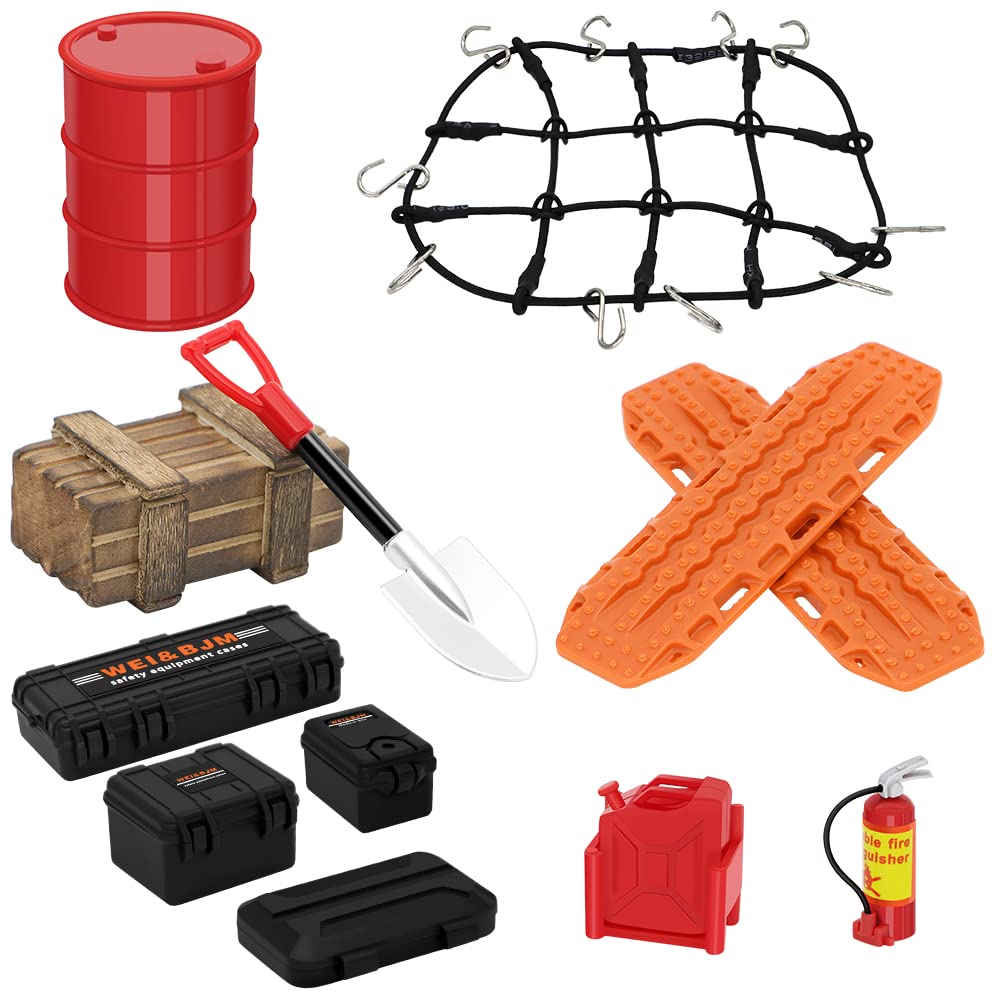 GLOBACT 1/24 1/18 RC Crawler Accessories Car Roof Decoration Luggage Net, Recovery Board, Fire Extinguisher, Toolbox, Wood Box, 