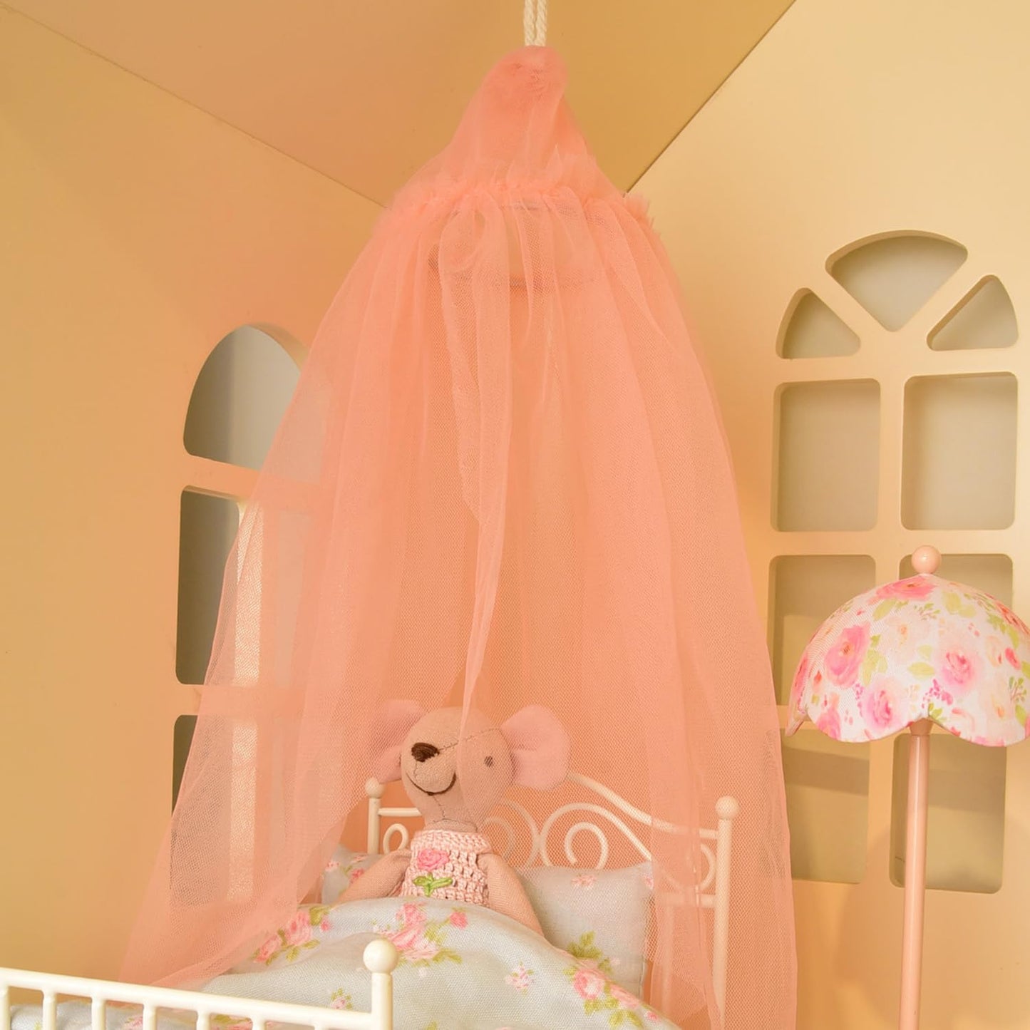 Minamzee Dollhouse Bed Curtain, 1/12 Miniature Bedroom Accessories, Dollhouse Furniture Curtain Decor(Beige)