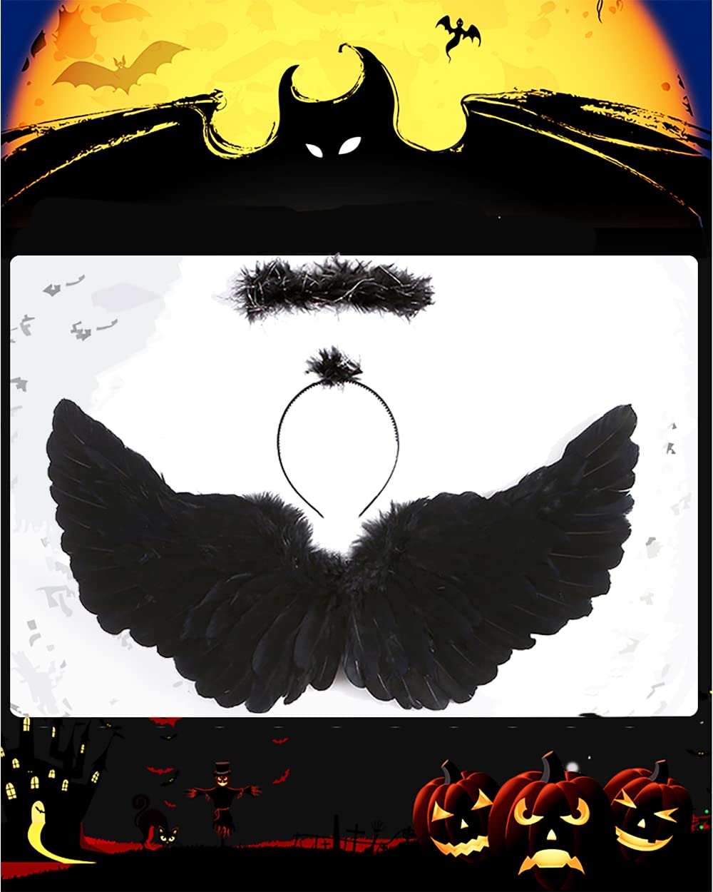 Szjias Black Wings Angel Costume Wings And Halo Devil Wings Fallen Wings For Kids Feather Wings For Halloween