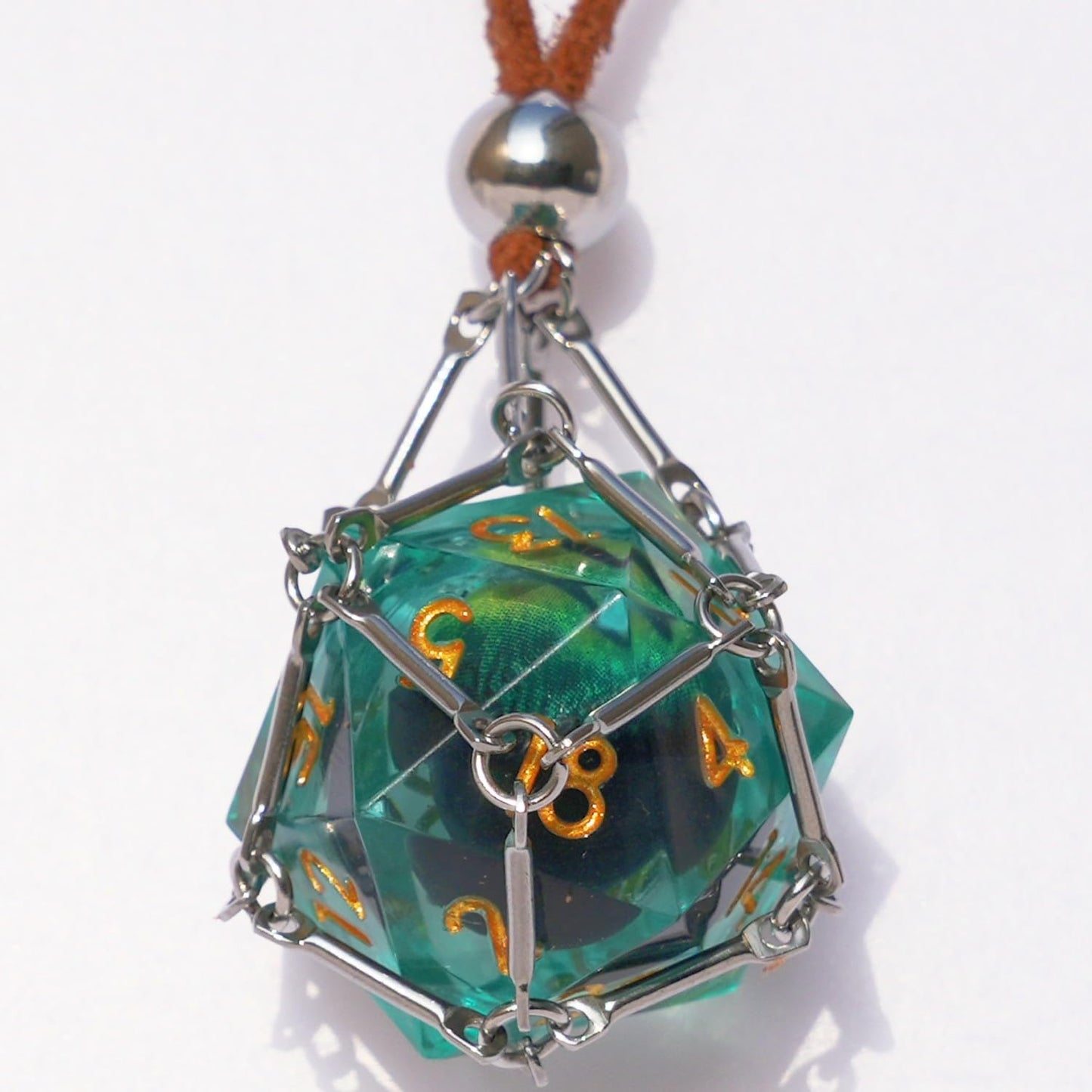 Generic DND D20 Dice Removable D20 with Leather Chain & Solid Steel Cage for Dungeons and Dragons Role Playing Game RPG (Dragon'