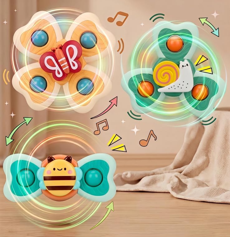 Kidliva Baby Suction Spinner Toy (Pack Of 3)  Bath Time Sensory Fidget Toys, Strong Suction Cup, Smooth Rotation, Safe Teether,