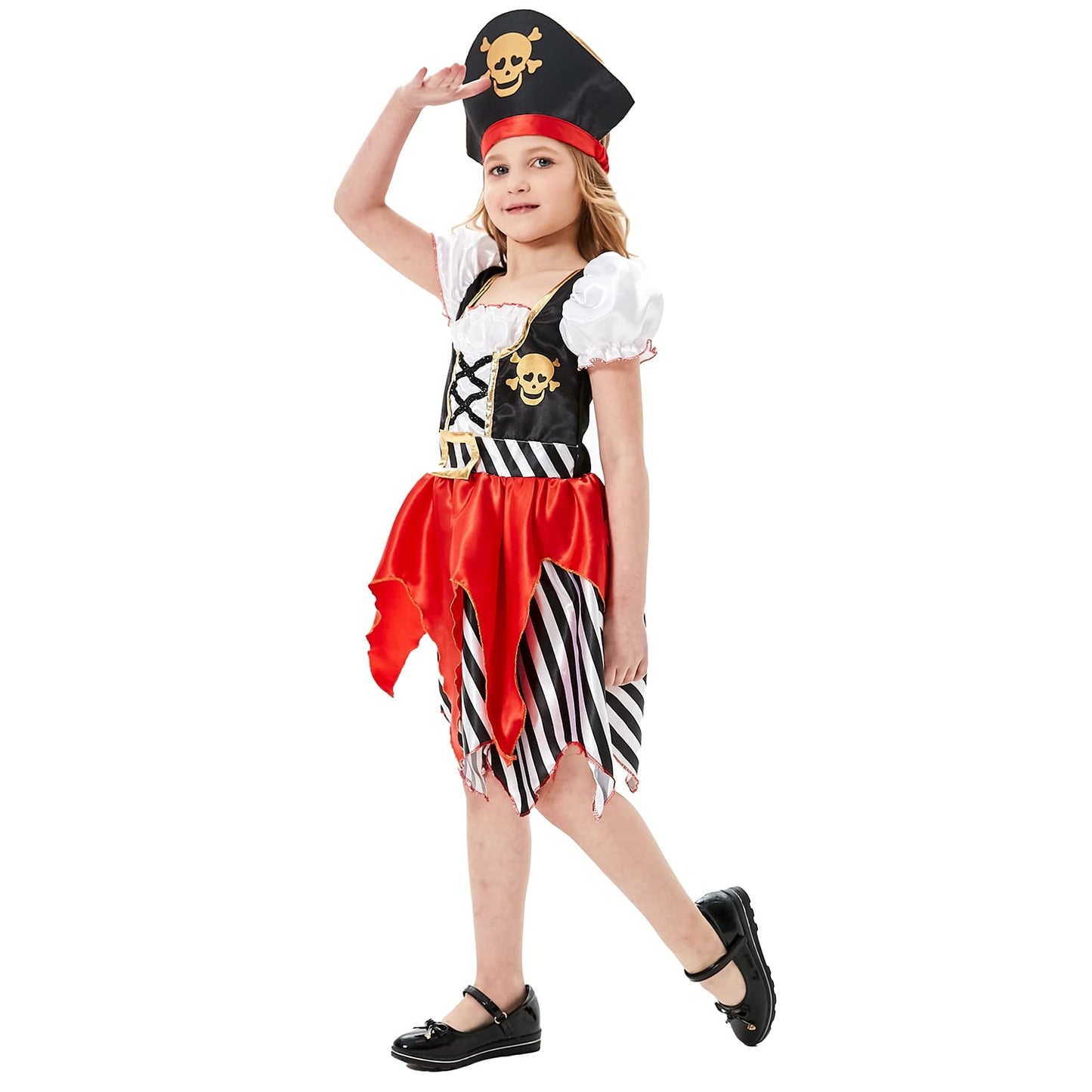 Wizland Girls Pirate Costume Deluxe Buccaneer Princess Dress for Kids with dress hat pouch earring coins Gems decorative replica blade and eye-patch 5-6years